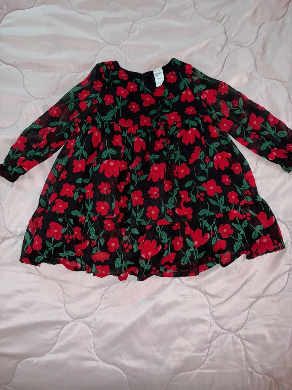 2t toddler Black Floral Long-Sleeve Dress with Red Flowers